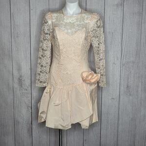 Vintage 80s Prom Dress Peach Lace Puff Sleeve Bubble Hem, sz 9/10